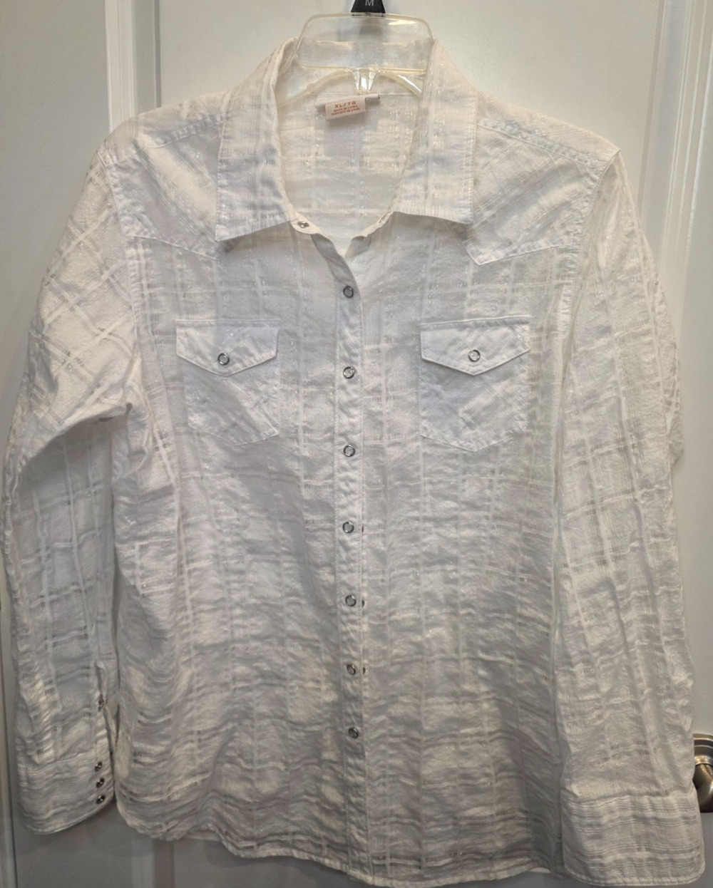 Ariat Blouse Long Sleeve Womens XL White Plaid Western Shirt Sheer Metallic Snap